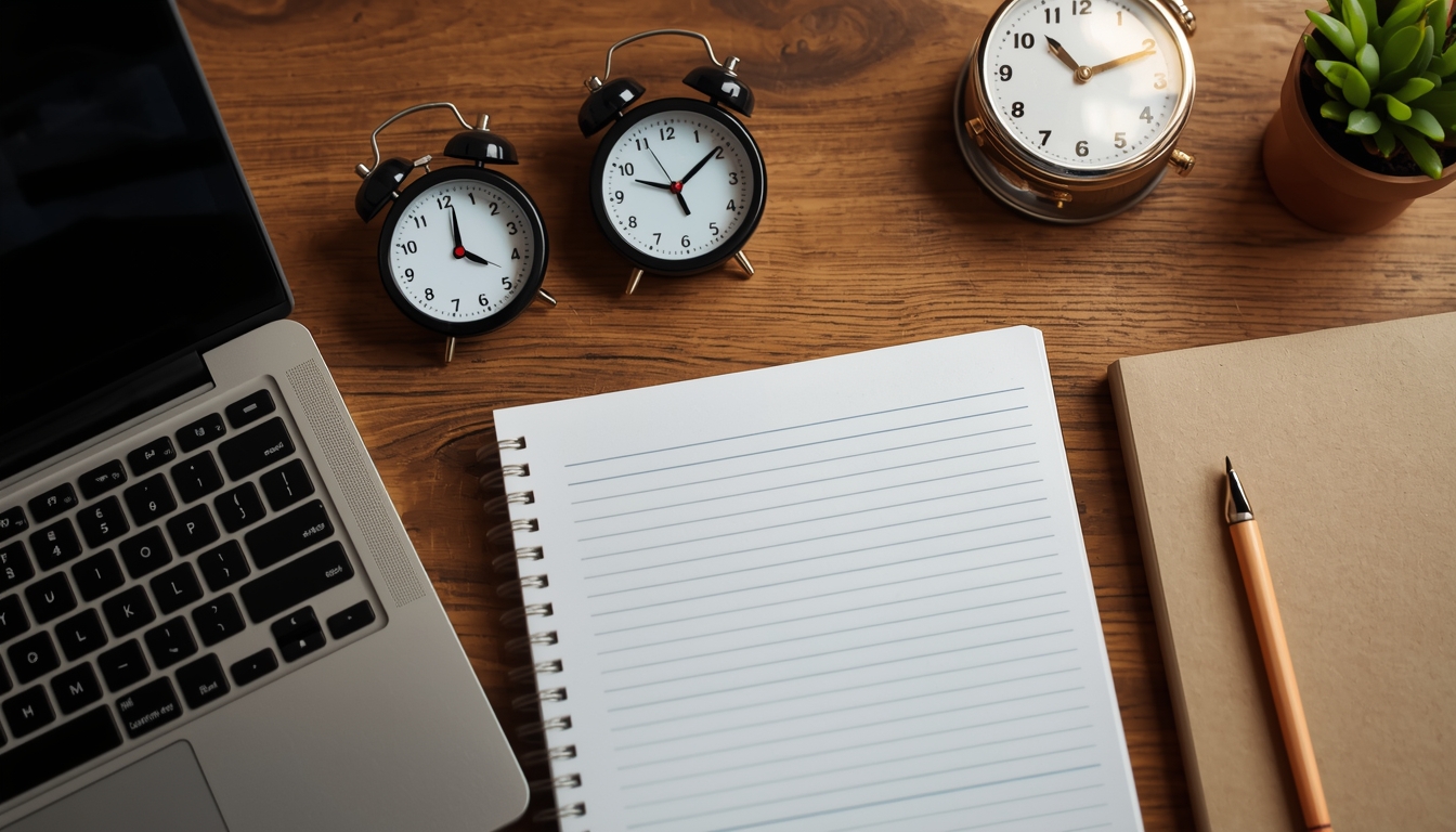 Desk arrangement showing timers and tidy analog notes beside a laptop